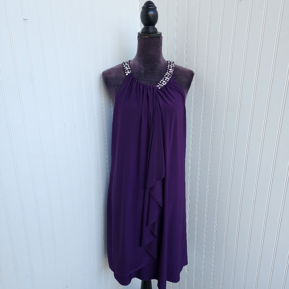 HAANI Women's Sleeveless Purple Midi Dress Jeweled Faux Wrap XL